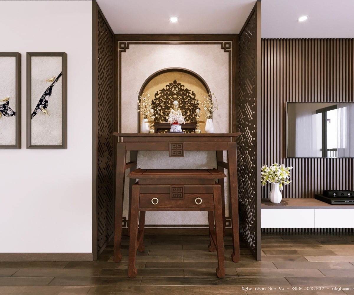 Bàn thờ đứng gỗ gụ màu óc chó mẫu cổ sen tại Hoàng Mai