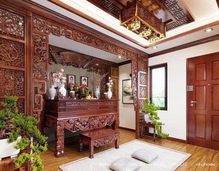 Bàn thờ gia tiên 4 chân đứng kết hợp tủ con hoặc bàn cơm tại Tây Hồ