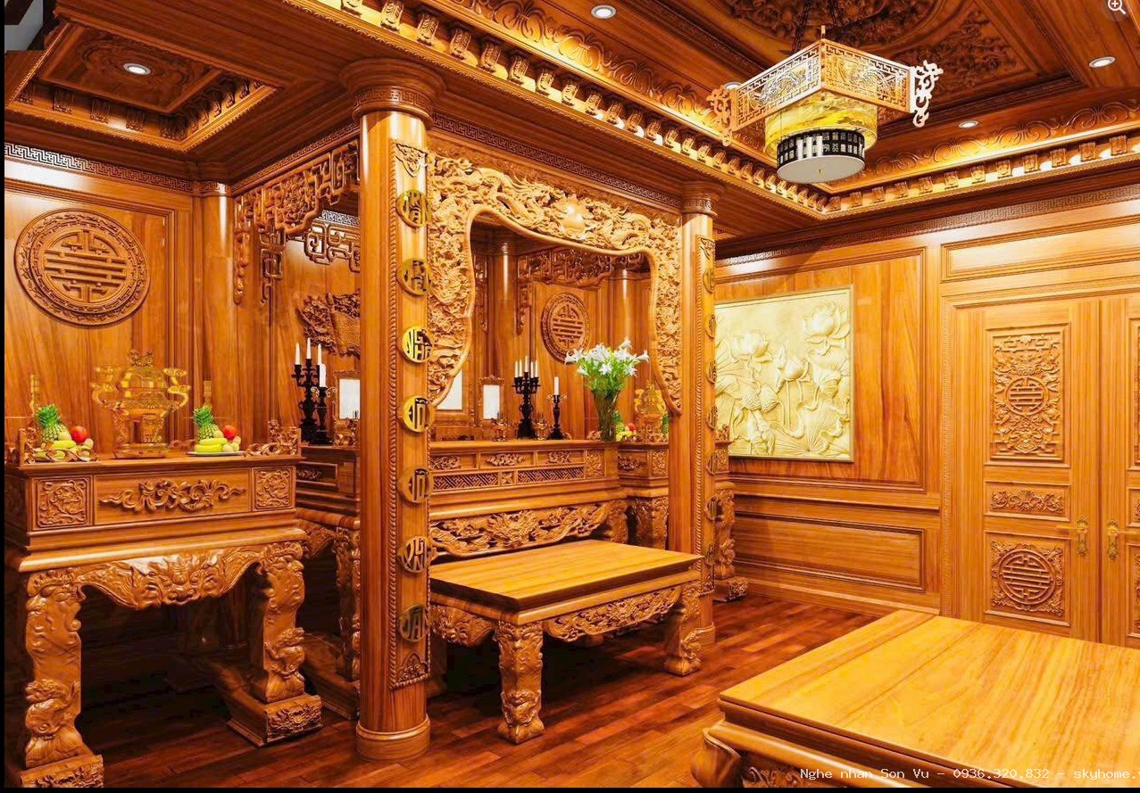 Bàn Thờ Gỗ Hương Đá Trạm Sen Phong Thủy 1m97 Kèm Tủ Cơm tại Nam Từ Liêm