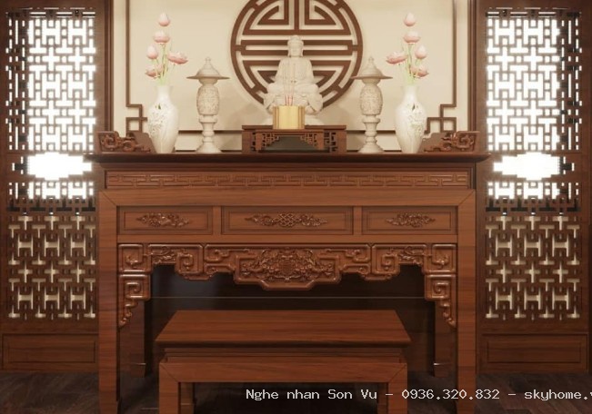 Mẫu bàn thờ gỗ đẹp chạm Ngũ Phúc chân quỳ tại Hà Đông