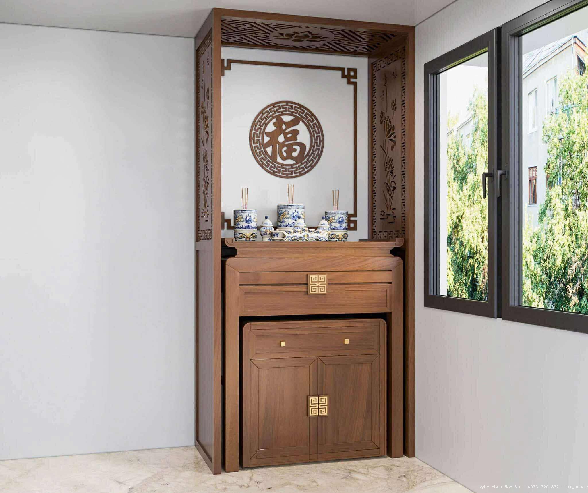 Mẫu tủ thờ Phật 2 tầng chạm hoa lan thanh tao tại Hai Bà Trưng