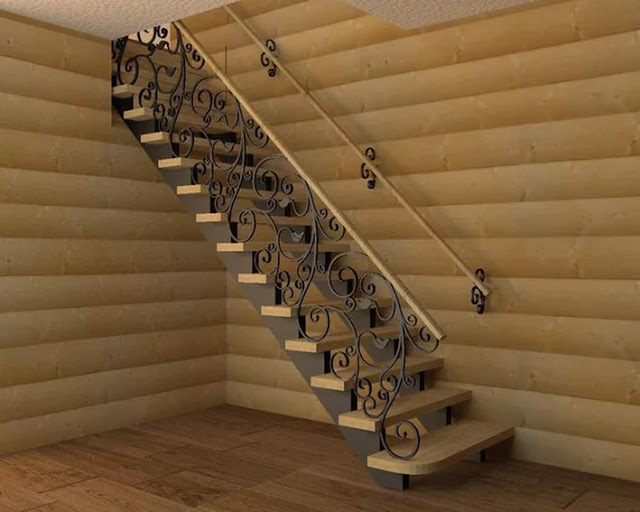 Thiết kế cầu thang sắt tay vịn gỗ đẹp - Mẫu số 1
