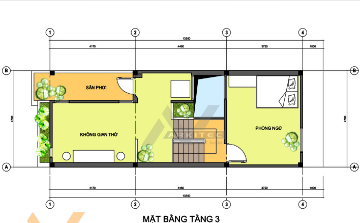 Ban ve thiet ke ngoi nha 3 tang nay co mot phong tho rieng biet o tang 3