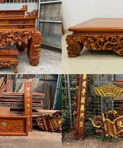 Combo nội thất phòng thờ gỗ gụ Lào tự nhiên 100% gồm vua sập thờ Mai Điểu, sập Thập Điểu Quần Mai và cuốn thư câu đối