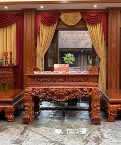 Combo nội thất phòng thờ gỗ gụ Lào gồm sập thờ Tứ Linh, sập trơn chân quỳ, sập Thập Điểu Quần Mai tứ diện và cuốn thư câu đối Mai Hóa Long