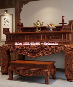 Sập thập điểu quần mai tứ diện dạ 15 phân, vua sập thờ tam cấp và tủ chè cánh cong gỗ gụ Lào cao cấp